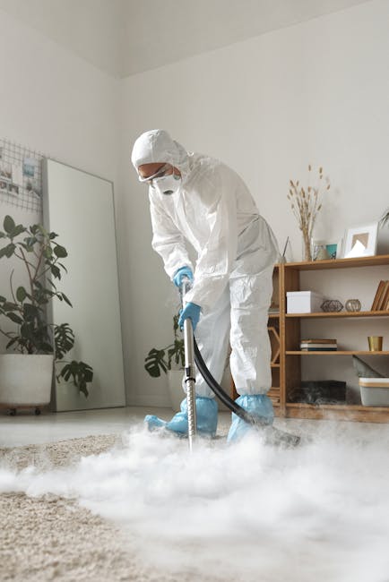 A professional cleaning technician dressed in full protective gear, including a white hazmat suit, face mask, goggles, and blue gloves, is operating a fogging machine on a beige carpet in a modern, well-lit living room. The room features a tall mirror leaning against white walls, several potted plants, and wooden shelving units with decorative items. The technician is conducting deep cleaning or sanitisation, releasing a fog of sanitising solution onto the carpet surface. The setting appears clean and orderly, with natural light illuminating the space, and the environment prepared for comprehensive surface cleaning by Carpet Cleaning Islington as part of a domestic or commercial hygiene service.
